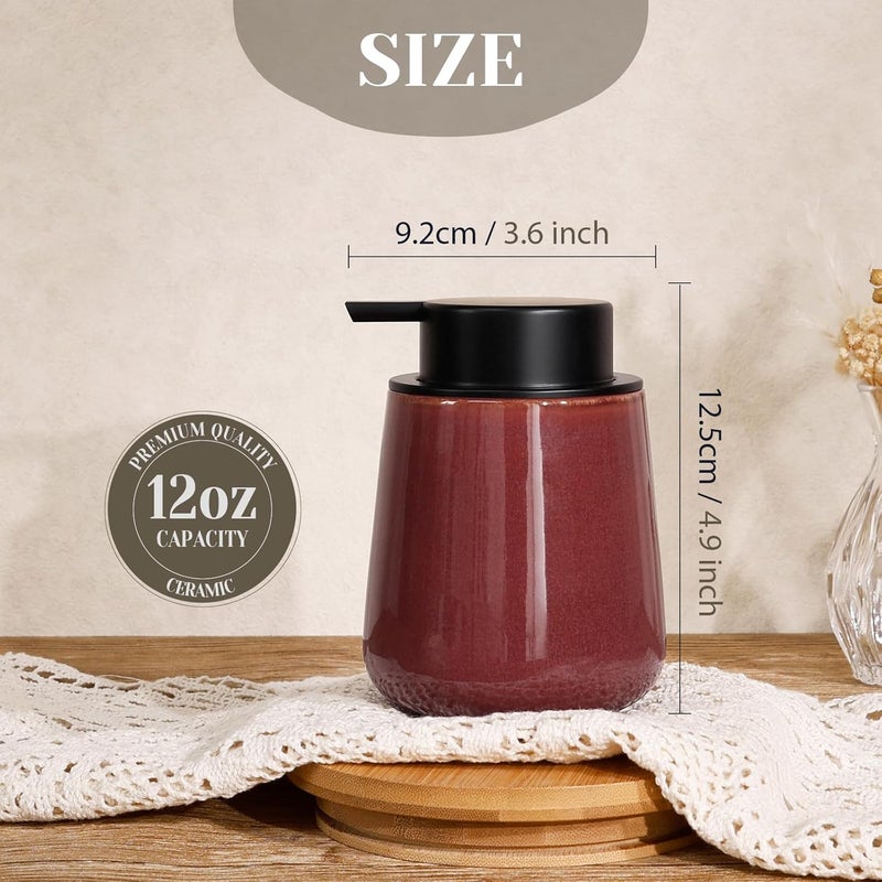 INGOFIN Ceramic Lotion Dispenser - 12 oz Refillable Hand Soap Dispenser Bathroom, Modern Liquid Soap Dispenser with Pump, Dish Dispenser for Kitchen,Kiln-Glazed Red Brown - Image 2